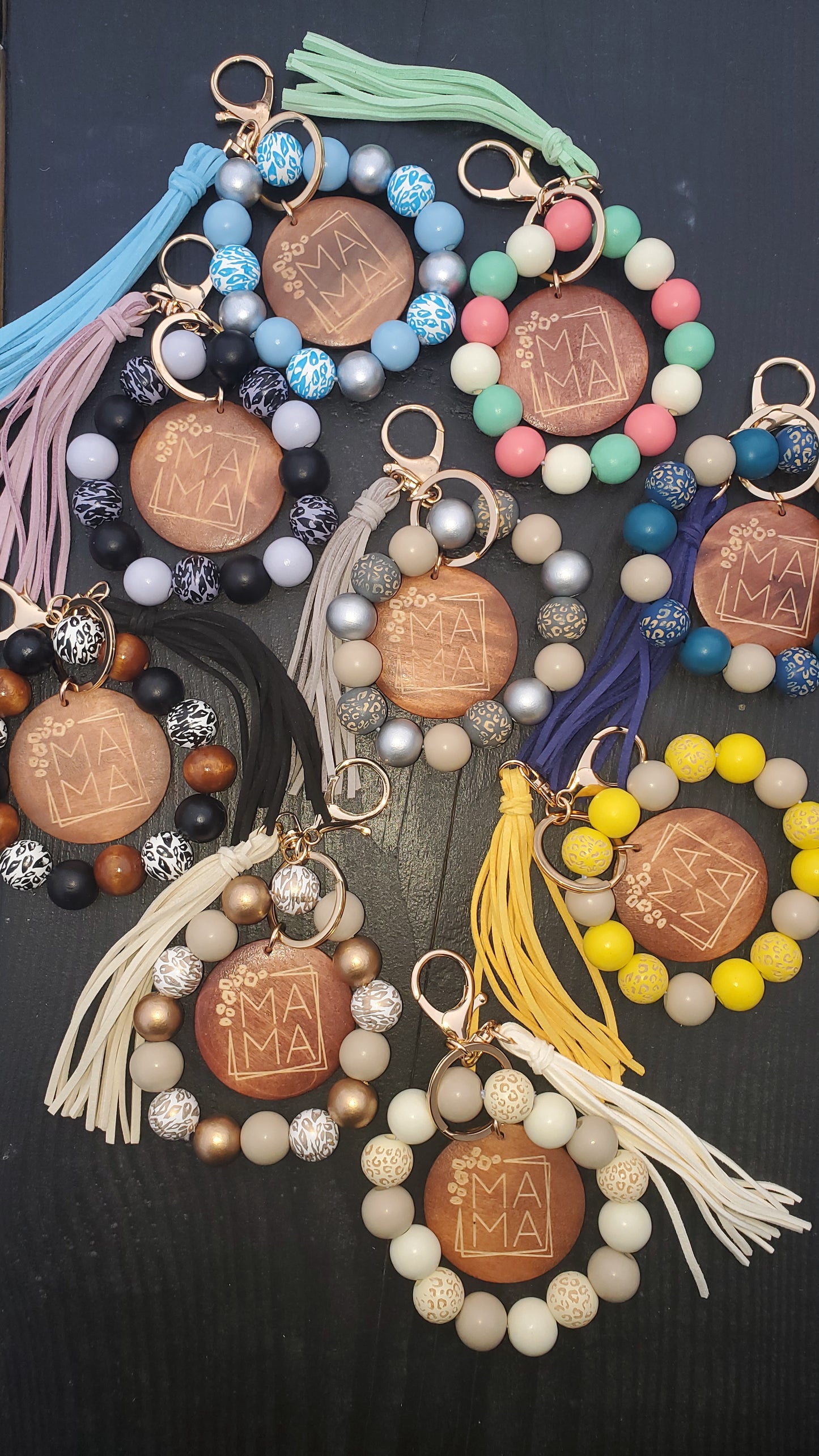 Mama wooden bead boho wristlet keychain!