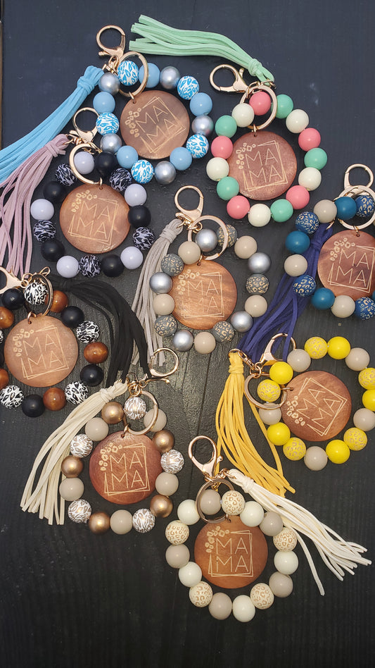 Mama wooden bead boho wristlet keychain!