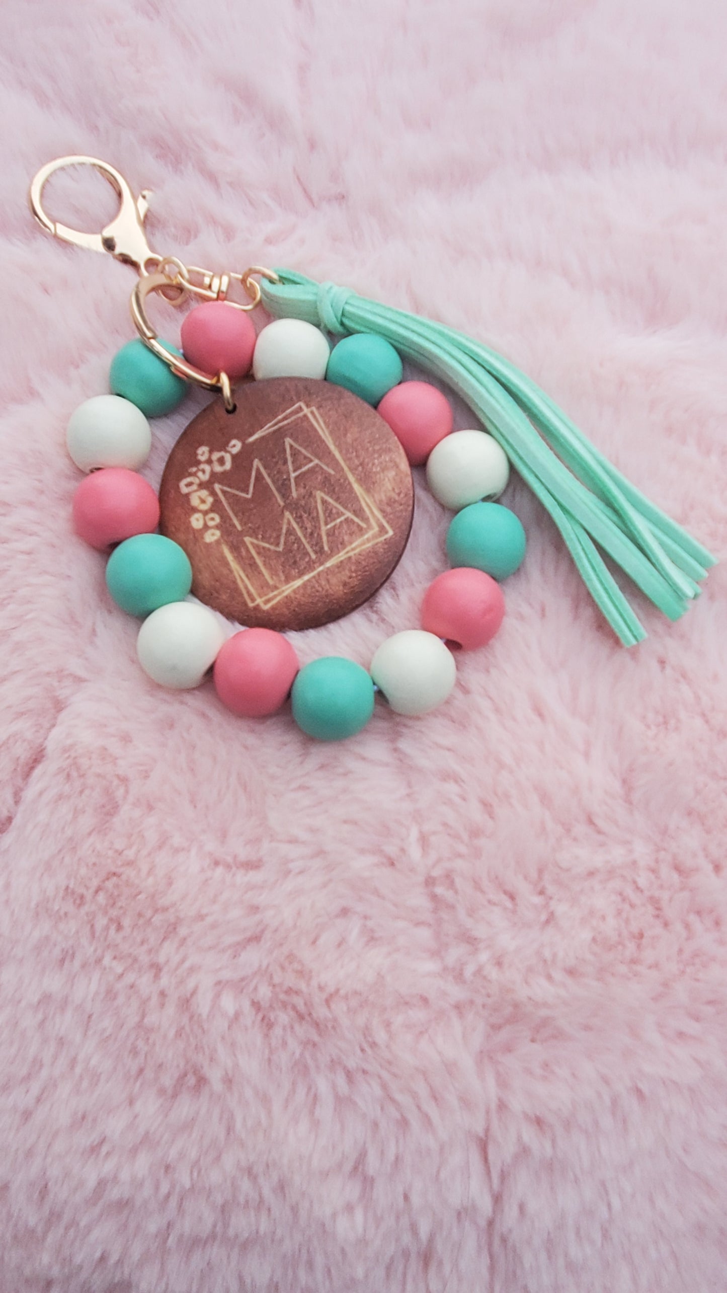 Mama wooden bead boho wristlet keychain!